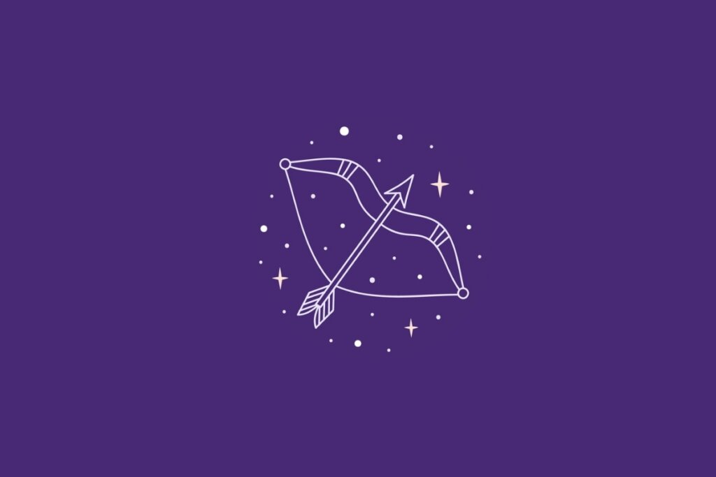 Ilustração do signo de sagitário em um fundo roxo rodeado por estrelas