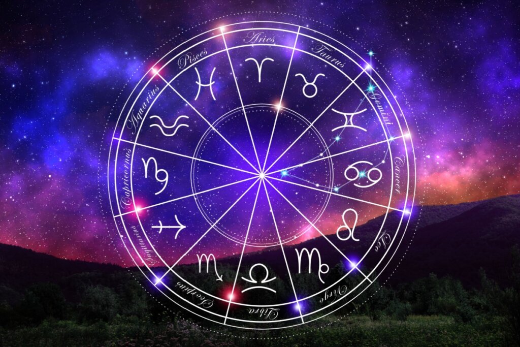 Círculo com os 12 signos do zodíaco e seus respectivos símbolos em um fundo que mescla tons azulados, rosados e preto