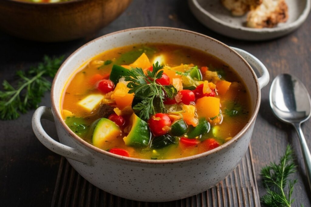 Panela cinza com sopa de legumes