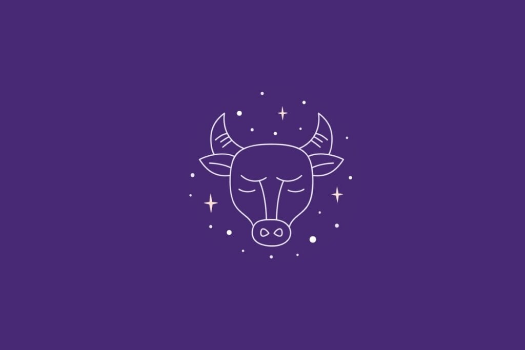 Ilustração do signo de Touro em um fundo roxo cercado por estrelas