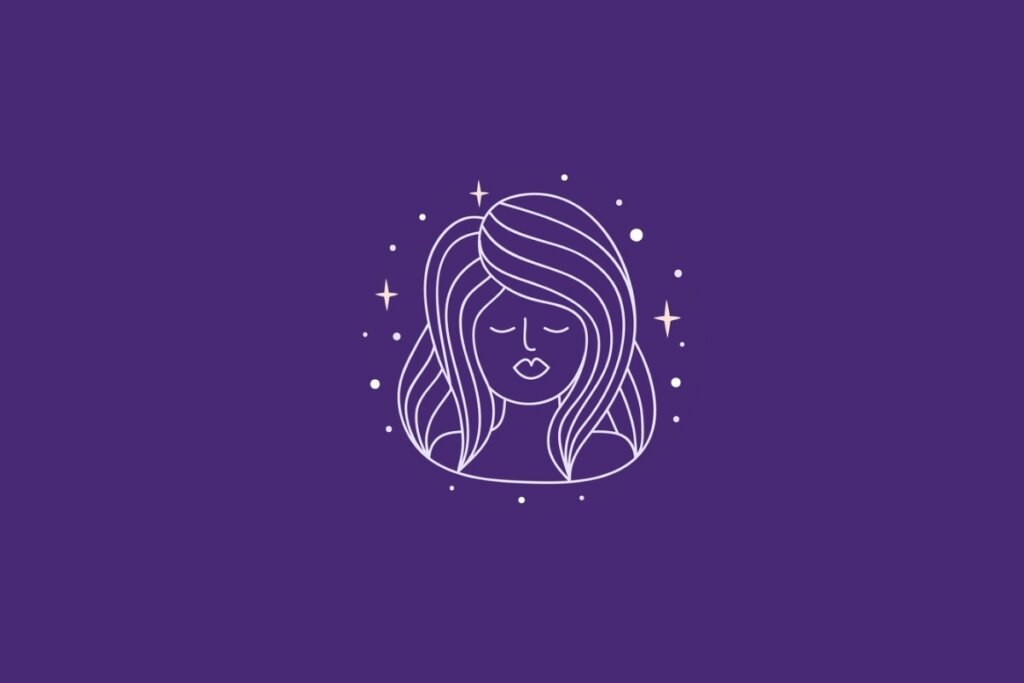 Ilustração do signo de Virgem em um fundo roxo cercado por estrelas