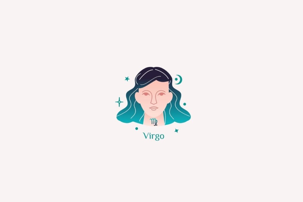 Ilustração do signo de Virgem em rosa, verde e preto sobre fundo rosa