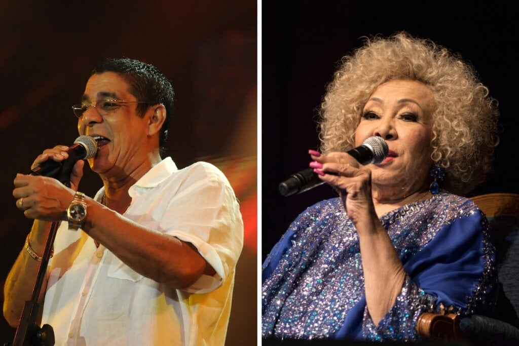 Zeca Pagodinho e Alcione em montagem fotográfica cantando em um palco um ao lado do outro 