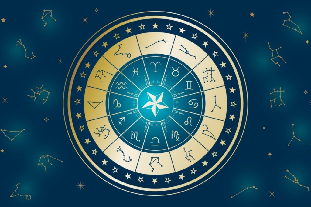 Ilustração de um círculo dourado e verde com os doze signos do zodíaco dentro rodeados por suas respectivas constelações e estrelas