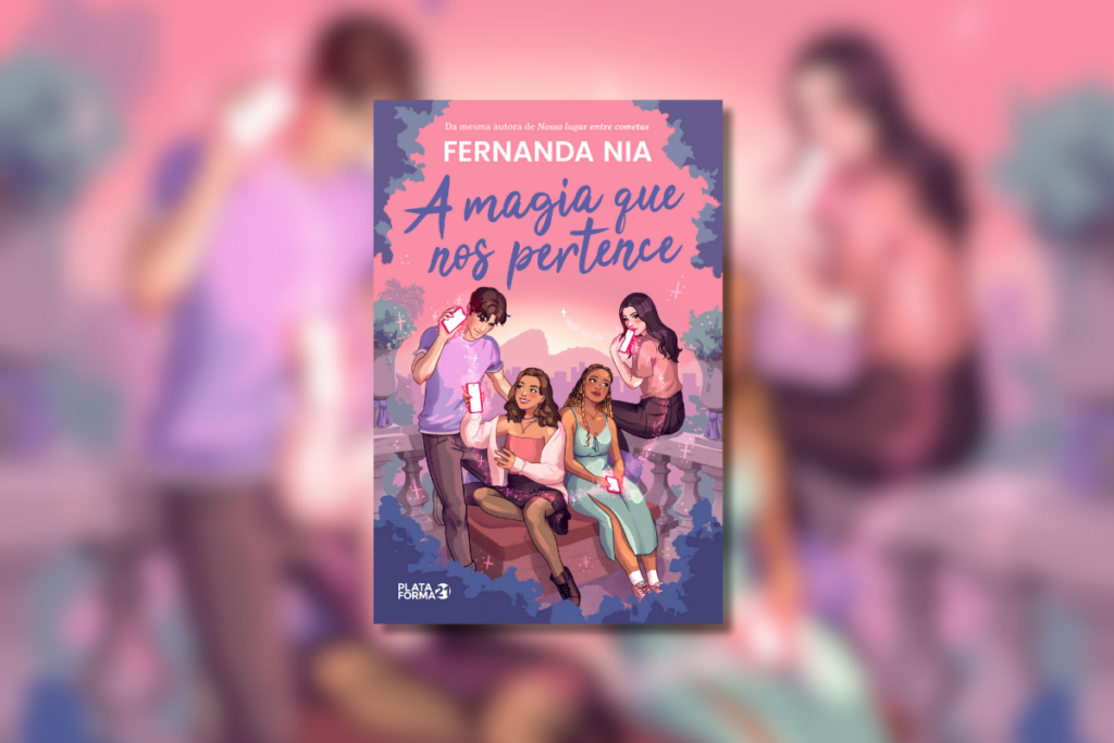 Capa do livro A Magia nos pertence, com ilustração de 4 jovens na capa