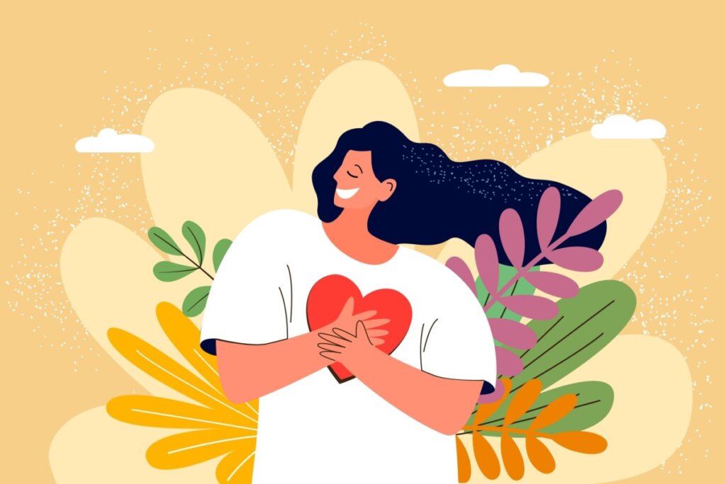 ilustração de mulher feliz segurando coração