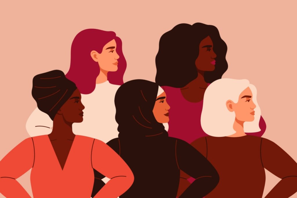 Ilustração de cinco mulheres olhando para o lado