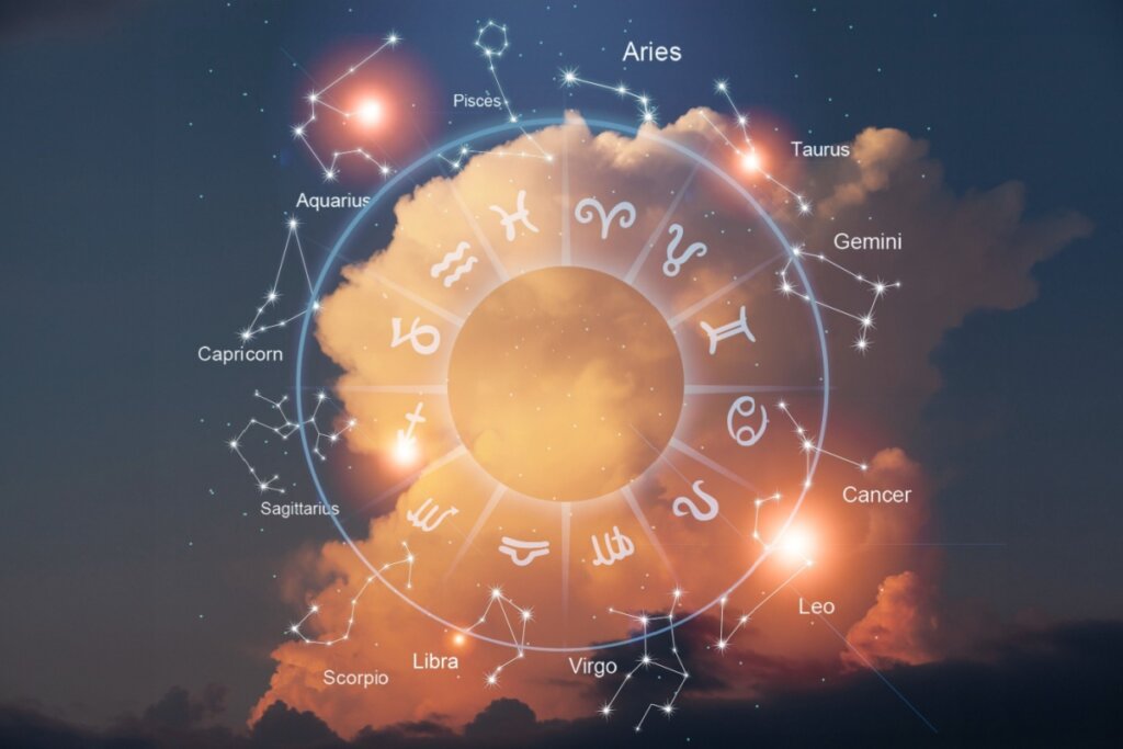 Mandala com o símbolo dos 12 signos e fundo de céu com nuvem