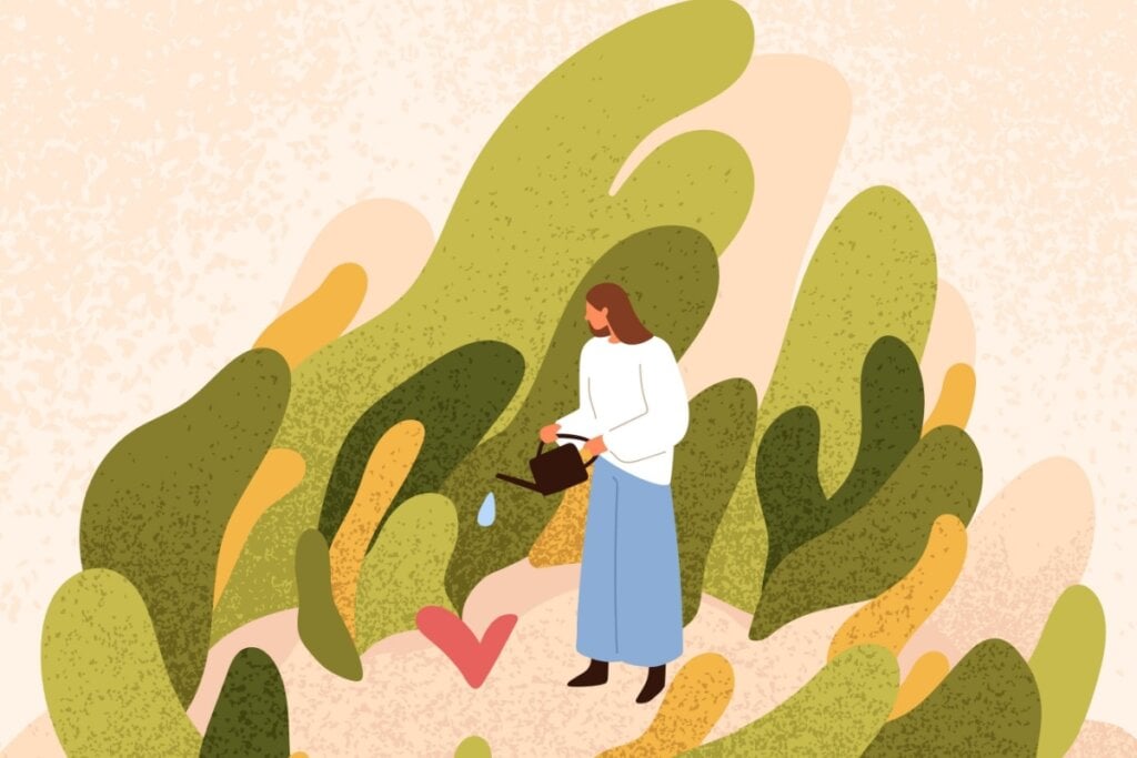 Ilustração de mulher regando o coração e plantas ao redor