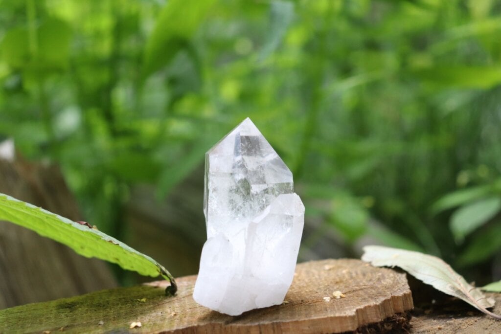 Cristal quartzo transparente em cima de madeira e verde de plantas ao fundo