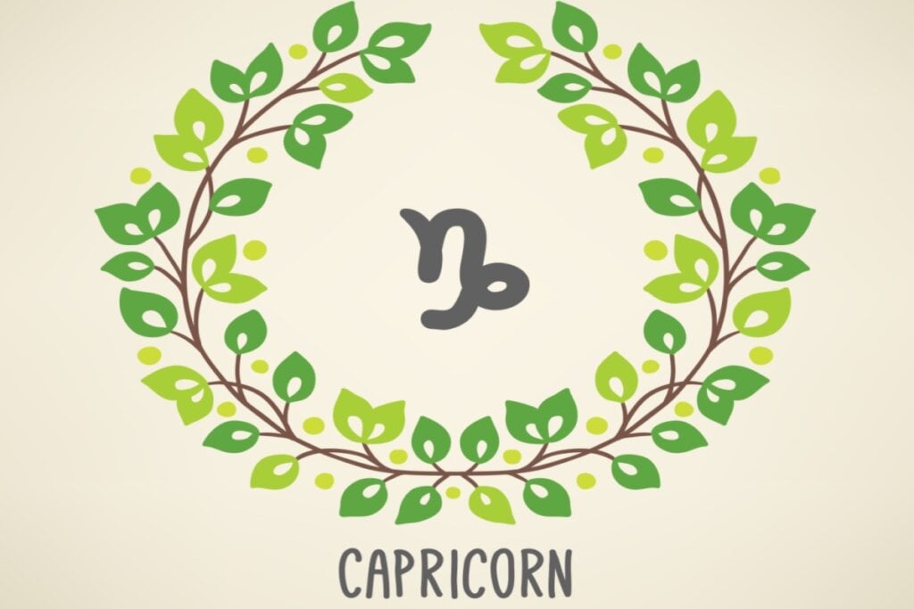 Ilustração com nome e símbolo do signo de Capricórnio com flores ao redor