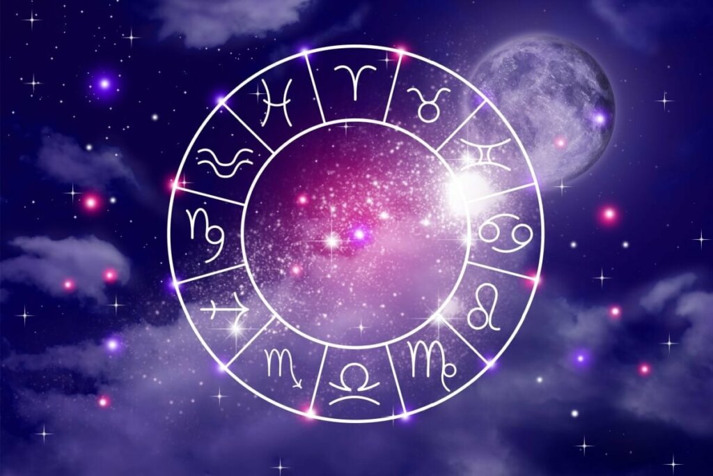 Círculo com 12 signos do zodíaco e seus símbolos em um fundo estrelado com tons de roxo e rosa