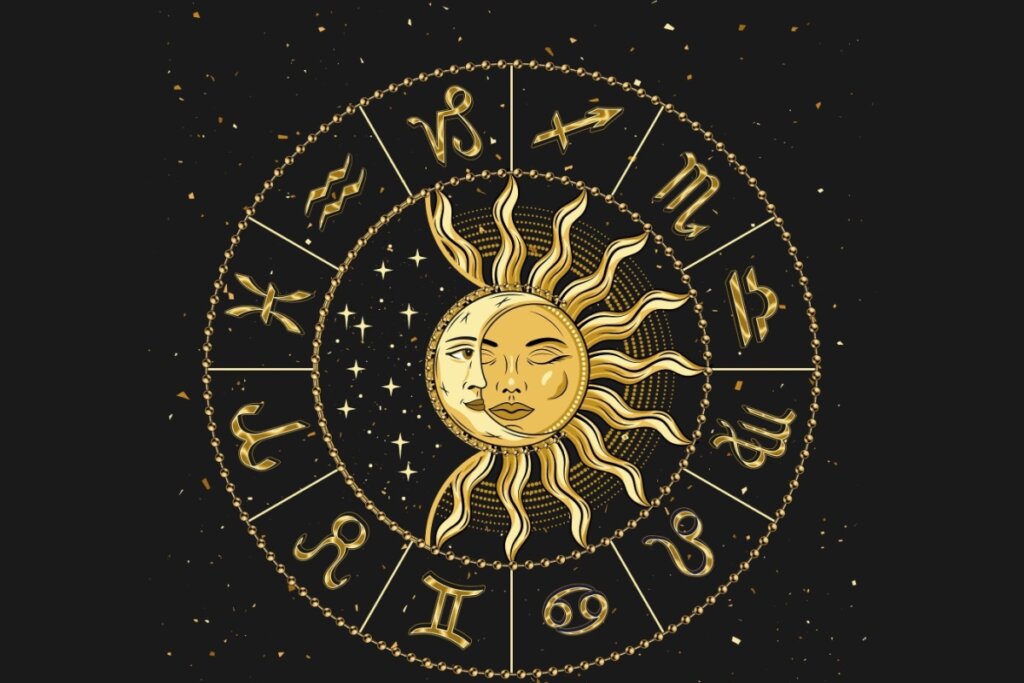 Círculo com os 12 signos do zodíaco, seus símbolos e a lua e o sol