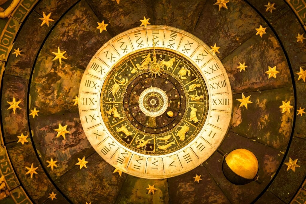 Círculo com os 12 signos do zodíaco, algarismos romanos, símbolos dos signos e estrelas