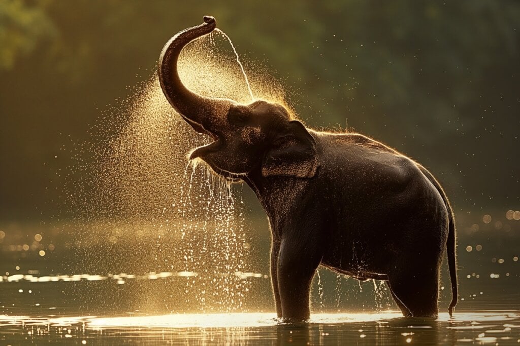 Elefante brincando com água em um lago