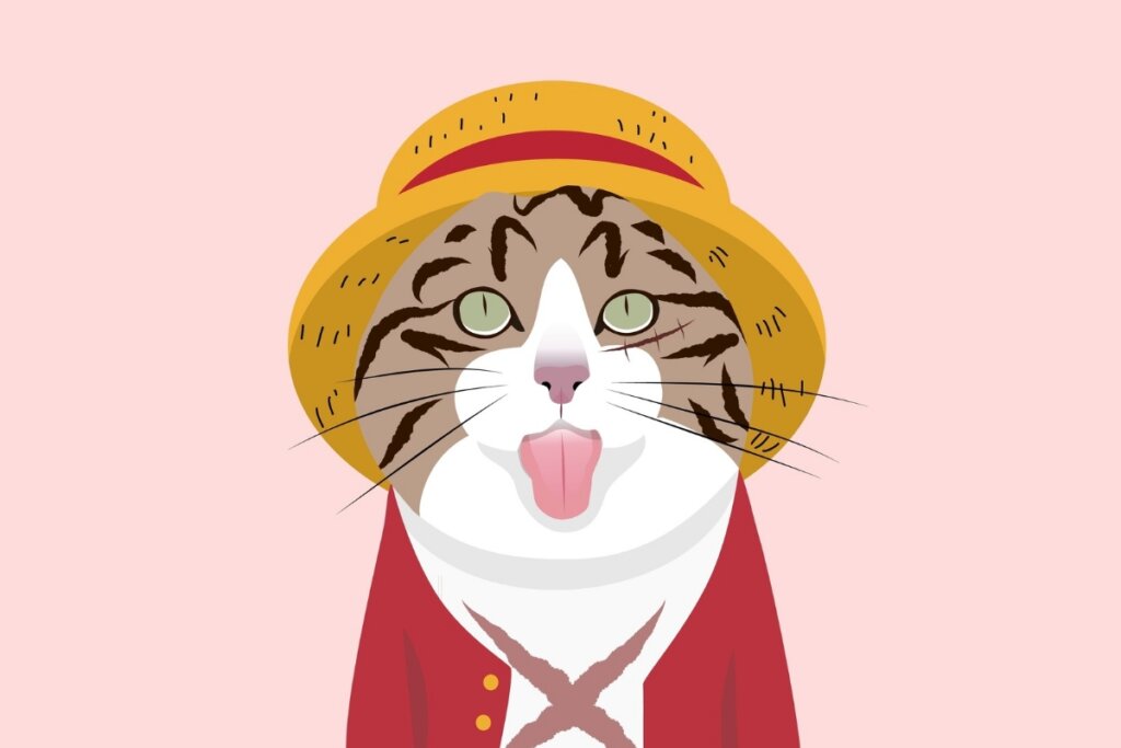 Ilustração de um gato inspirado no personagem Luffy e One Piece