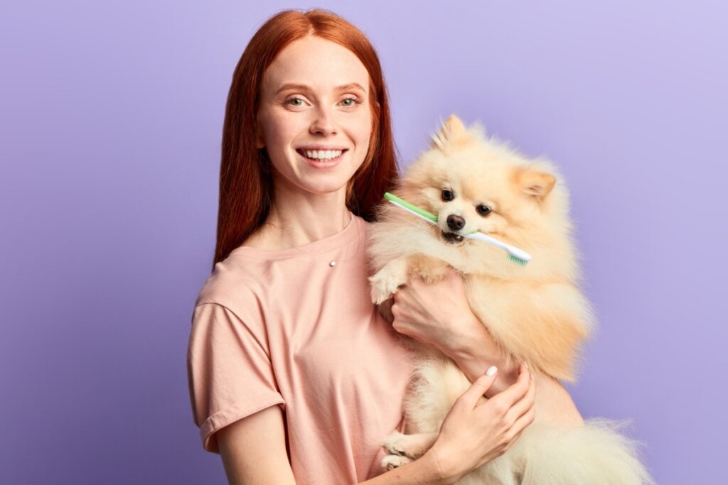 Mulher sorrindo e segurando um cachorro com uma escova de dente na boca em frente a um fundo roxo