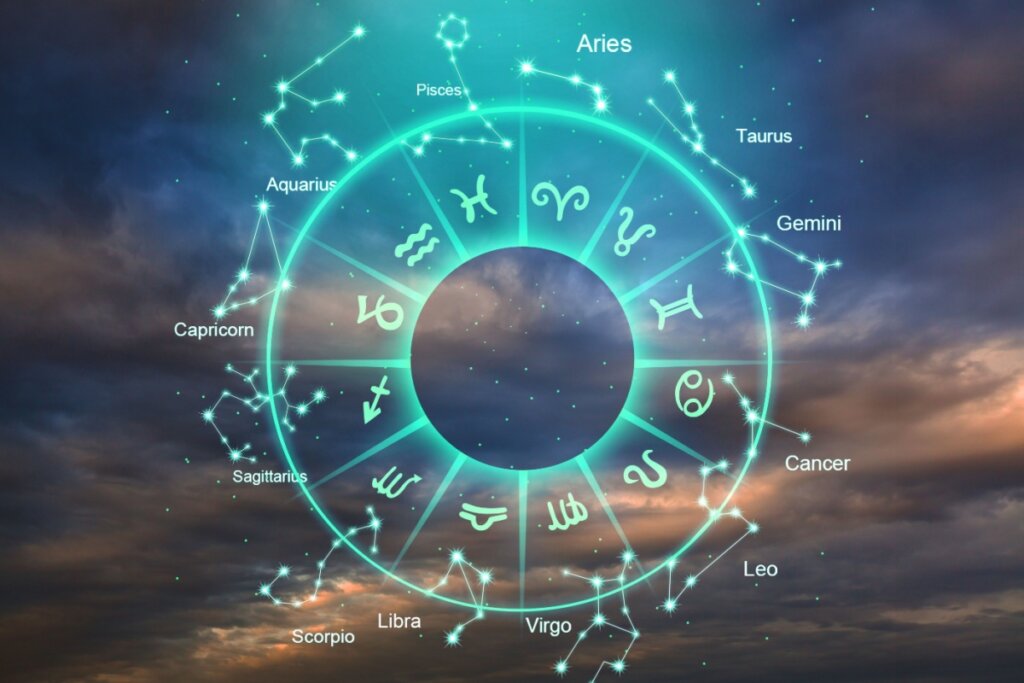 Círculo com os 12 signos do zodíaco em fundo de céu que mescla as cores azul, roxo e laranja