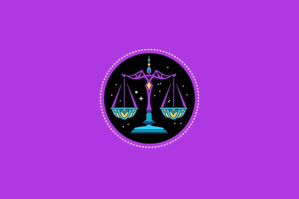 Ilustração do signo de libra dentro de um círculo preto com fundo roxo ao redor