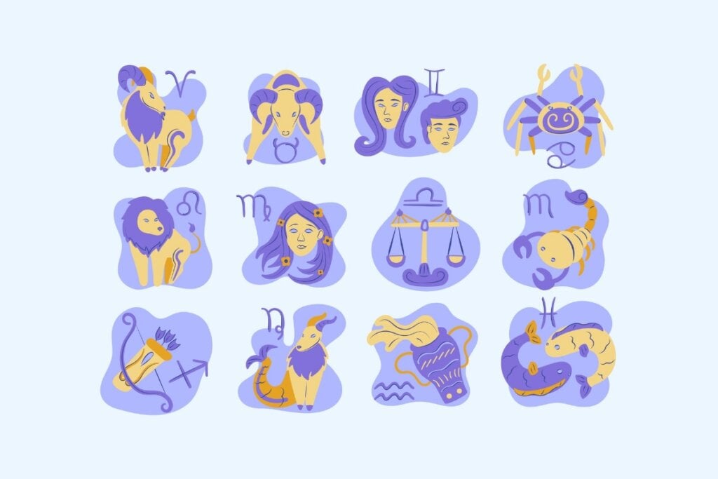 Ilustração dos doze signos do zodíaco em roxo sobre um fundo azul-claro