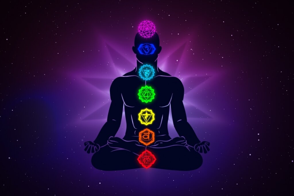 Ilustração de um boneco com os chakras alinhados