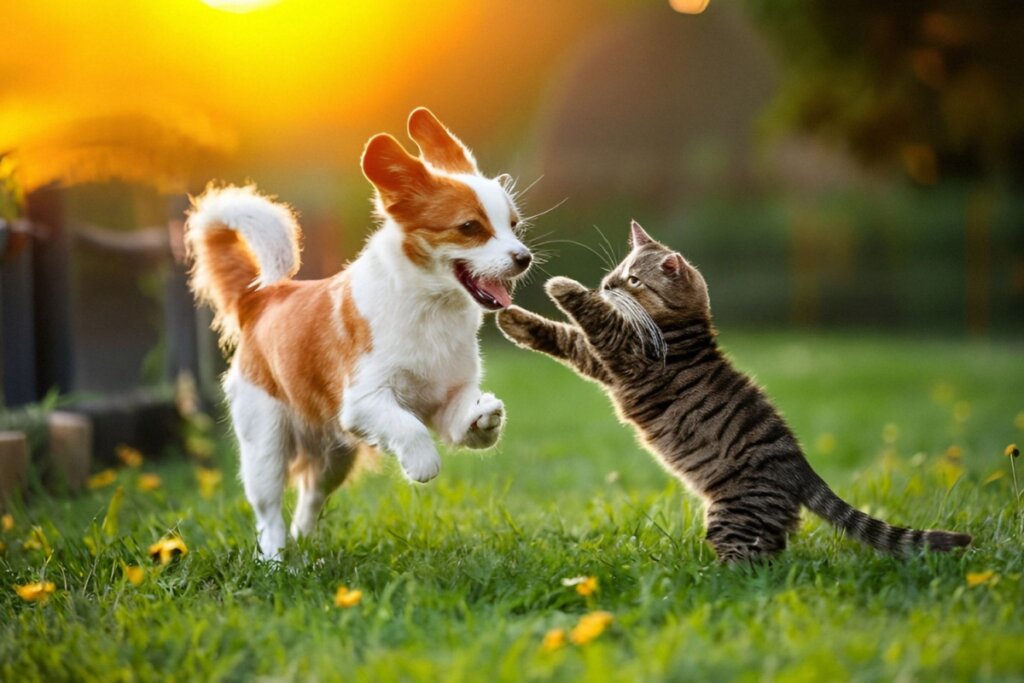 cachorro e gato brincando em gramado