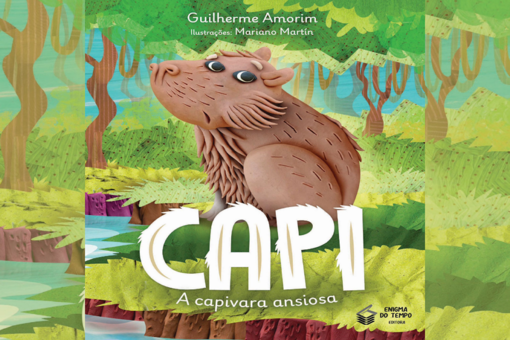 Capa do livro Capi: a capivara ansiosa com a ilustração de uma capivara na floresta