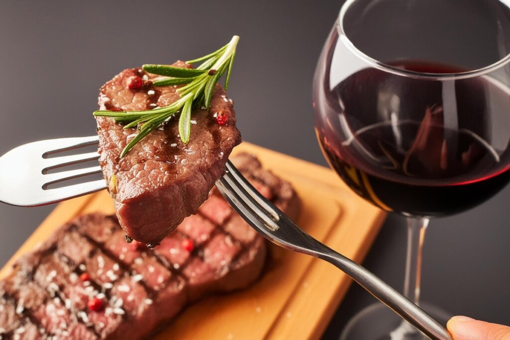 pedaço de carne com alecrim em garofo. Tábua com carne e taça com vinho ao fundo