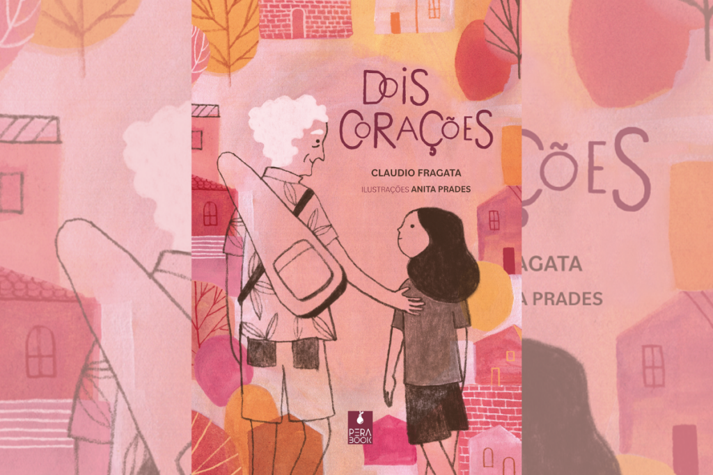 Capa do livro Dois corações, com a ilustração de um avô e uma neta andando juntos 