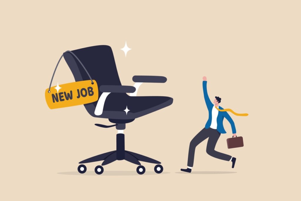 Ilustração de uma pessoa correndo em direção a uma cadeira de escritório com a placa "New Job"