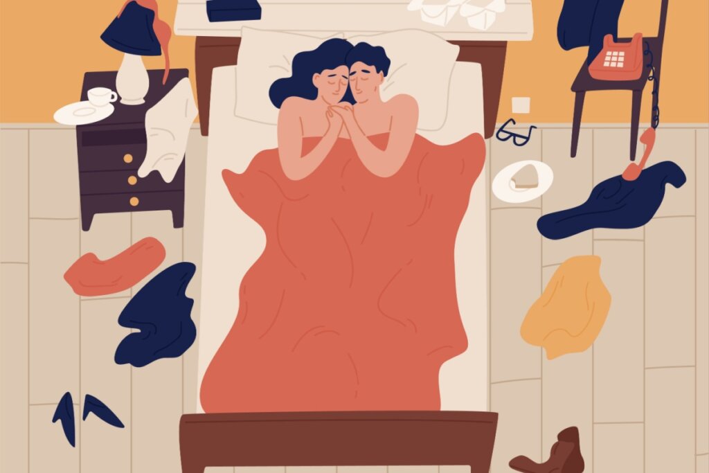 Ilustração de casal dormindo junto em cama