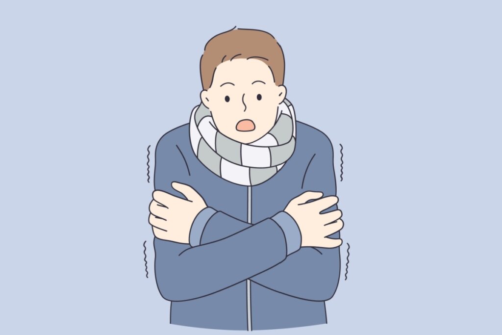 ilustração de homem com frio em fundo azul