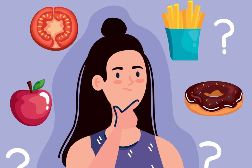 ilustração de mulher pensando com mão no queijo e comidas em volta dela