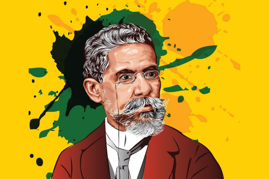 ilustração de Machado de Assis com fundo amarelo, verde e preto