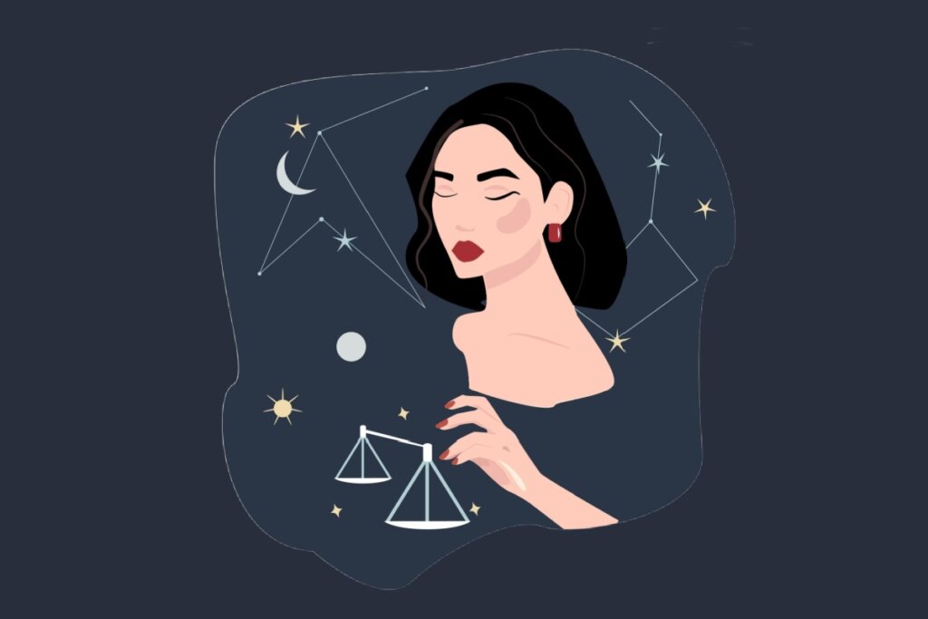 ilustração de mulher do signo de libra segurando balança