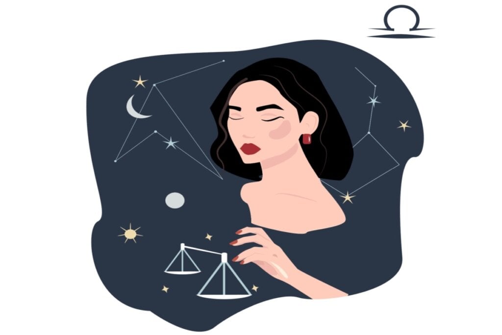 Ilustração do signo de Libra com uma mulher maquiada e usando brincos