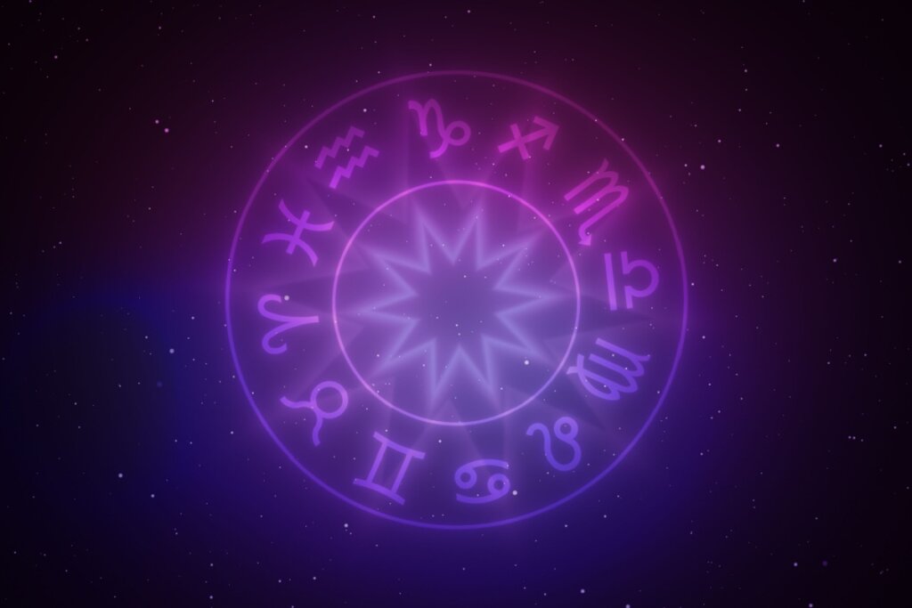 mandala em tons de roxo e azul com símbolo dos 12 signos