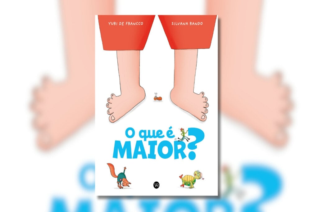 Capa de livro com ilustração de dois pés gigantes de criança e uma pequena formiga e outros animais