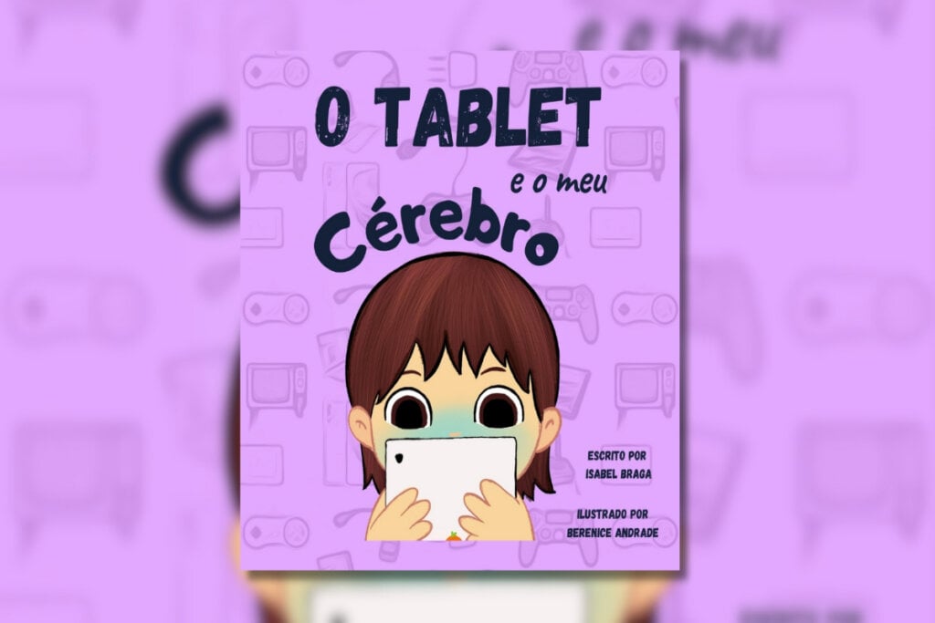 Capa do livro com ilustração de uma criança usando um tablet em um fundo roxo