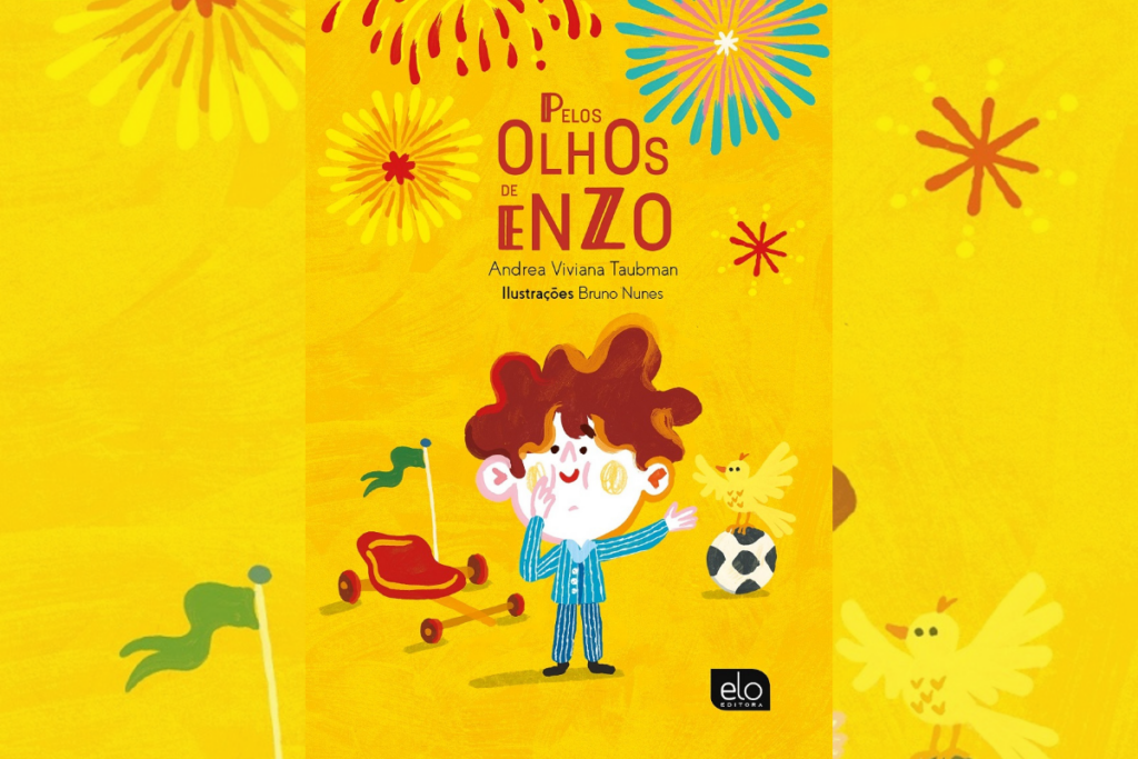 Capa do livro Pelos Olhos de Enzo com ilustração de um menino na capa com uma bola de futebol e um carrinho de rodas 