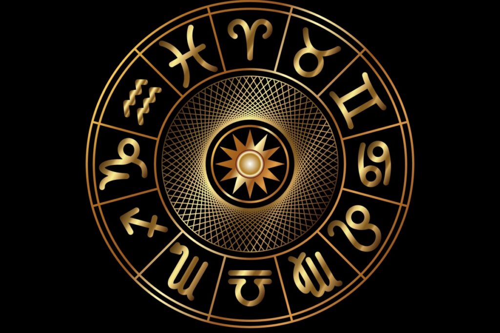 Círculo do zodíaco com os 12 signos em dourado