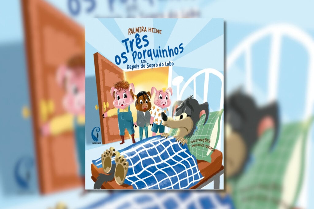 Capa do livro com ilustração dos três porquinhos e do lobo mau deitado na cama