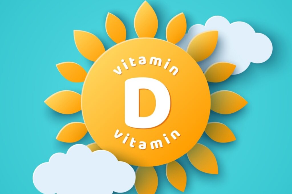 Ilustração de sol com "vitamina D" escrito dentro dele e nuvens em volta