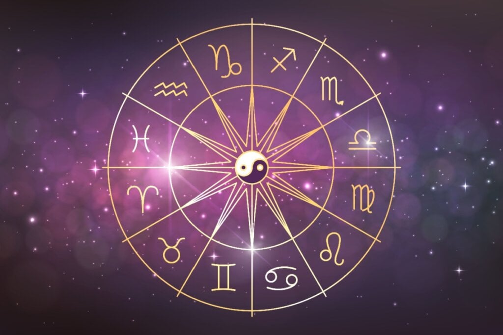 Círculo com os 12 signos do zodíaco em fundo estrelado