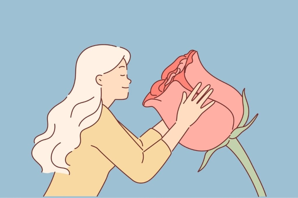 Ilustração de uma mulher cheirando uma flor vermelha