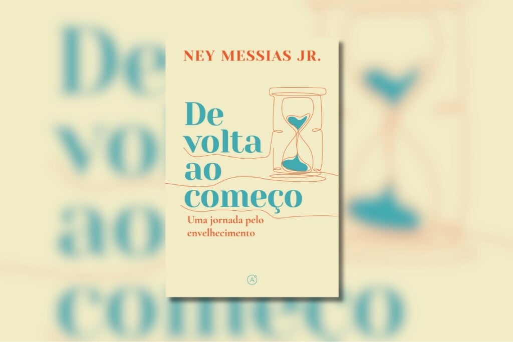 Capa do livro "De volta ao começo" com a ilustração de uma luneta verde e laranja