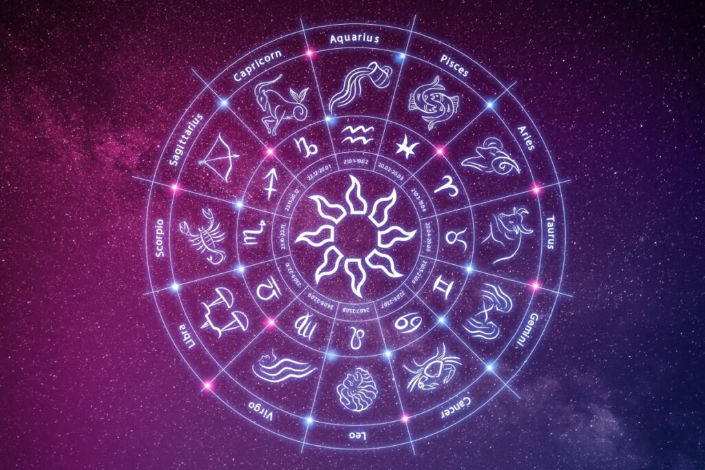 Círculo com os 12 signos do zodíaco em um fundo estrelado com tons de roxo