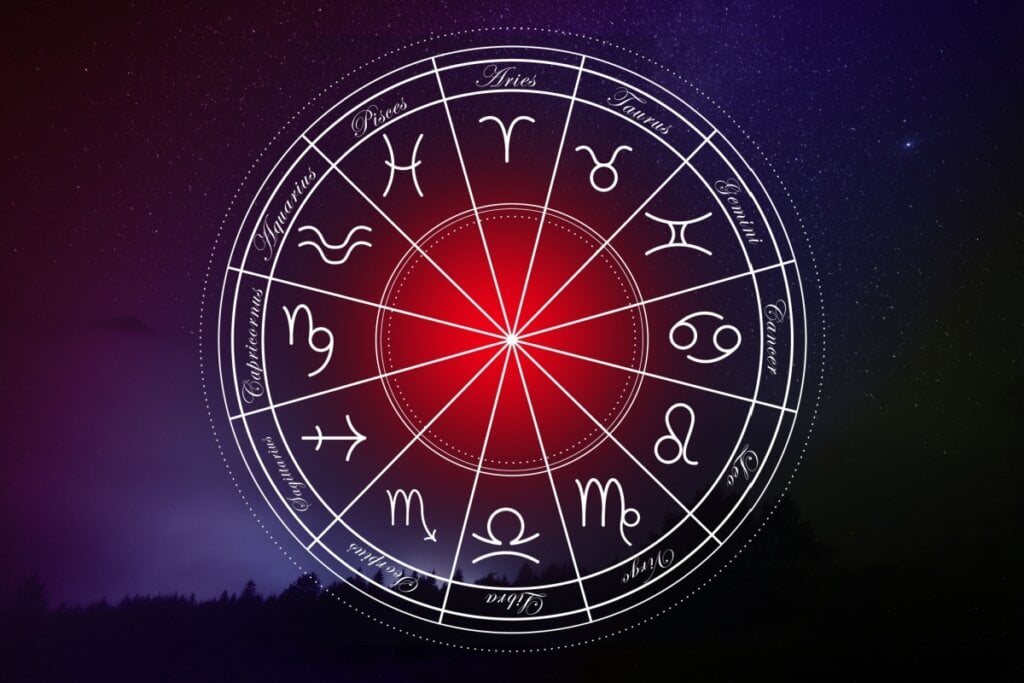 Círculo com os 12 signos do zodíaco em um fundo com tons de roxo