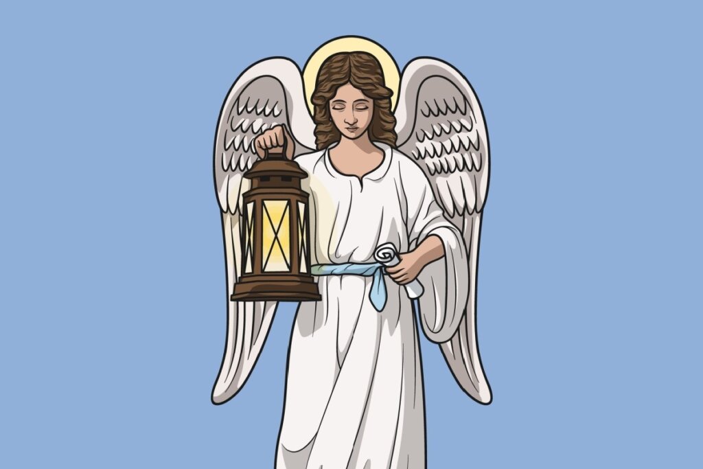 ilustração de anjo da guarda de roupa branca e segurando luminária