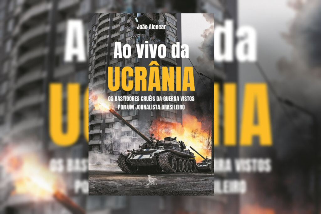 Capa de livro com o título 'Ao vivo da Ucrânia' com um tanque de guerra e uma explosão em prédio